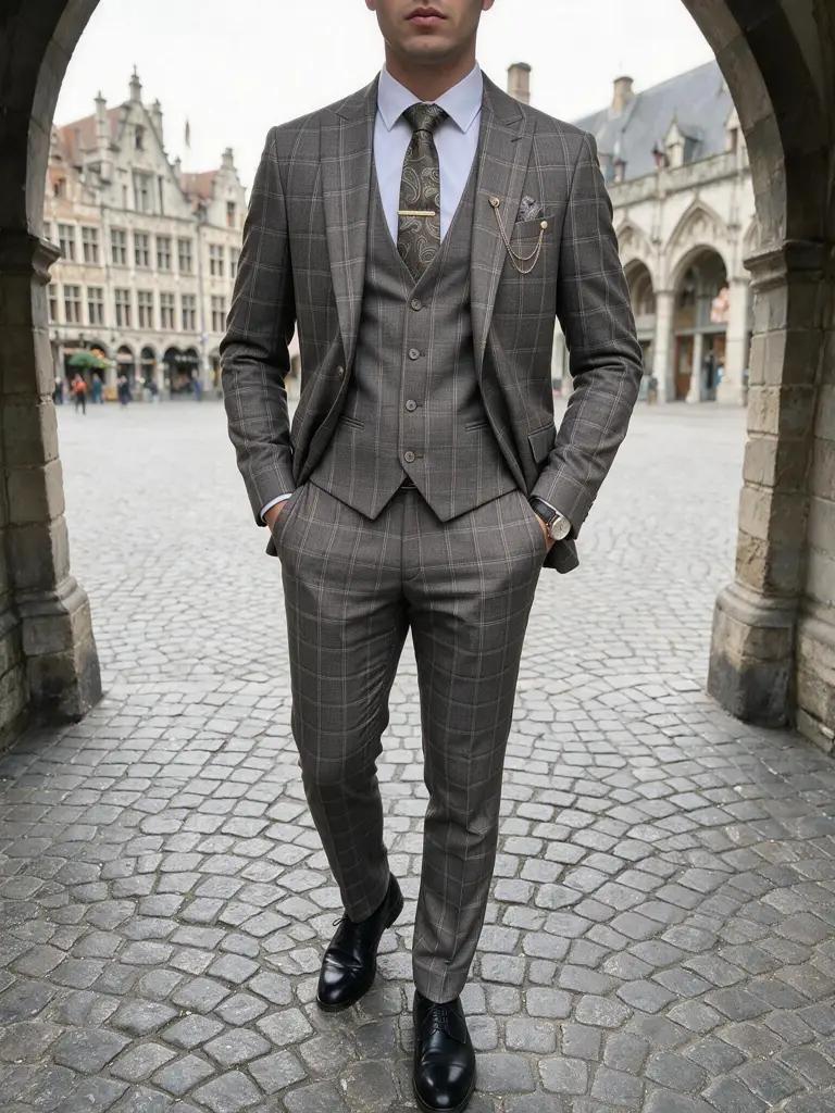 Taupe Geruit Driedelig Pak Heren — PK188