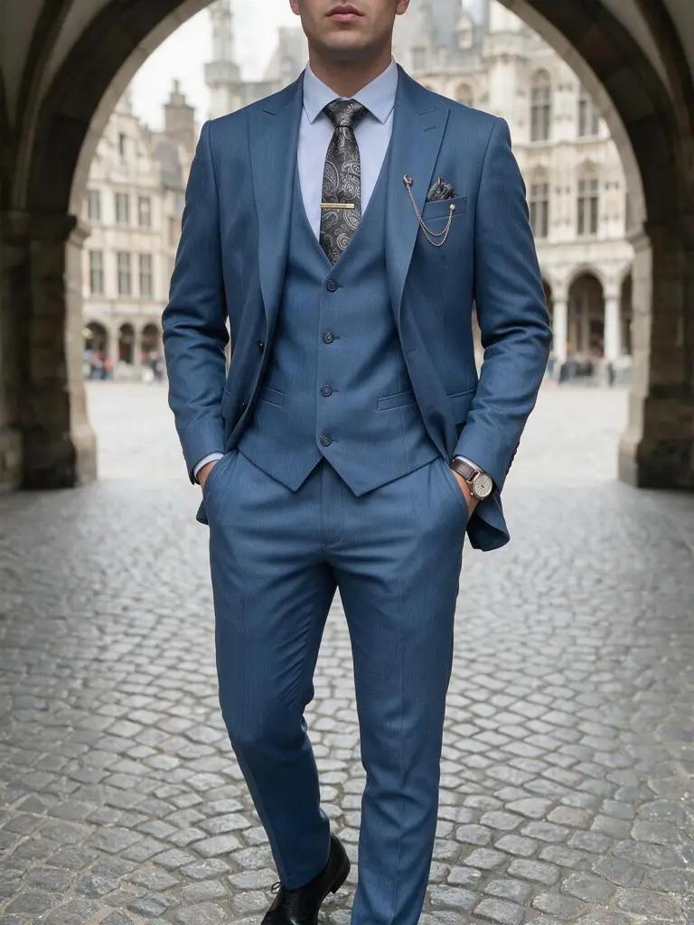 Denimblauw Twill Driedelig Pak Heren — PK252