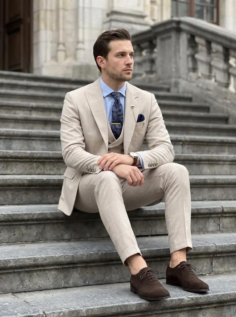 Zand Geruit Driedelig Pak Heren — PK239
