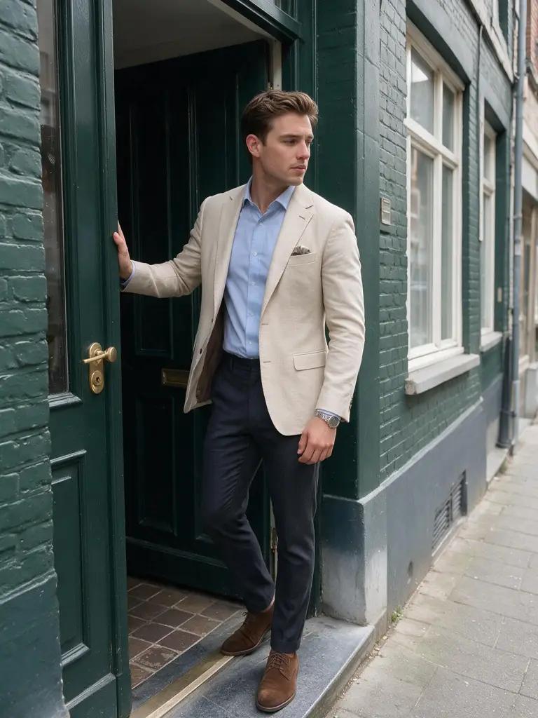 Beige Linnenlook Colbert Heren — YOK39