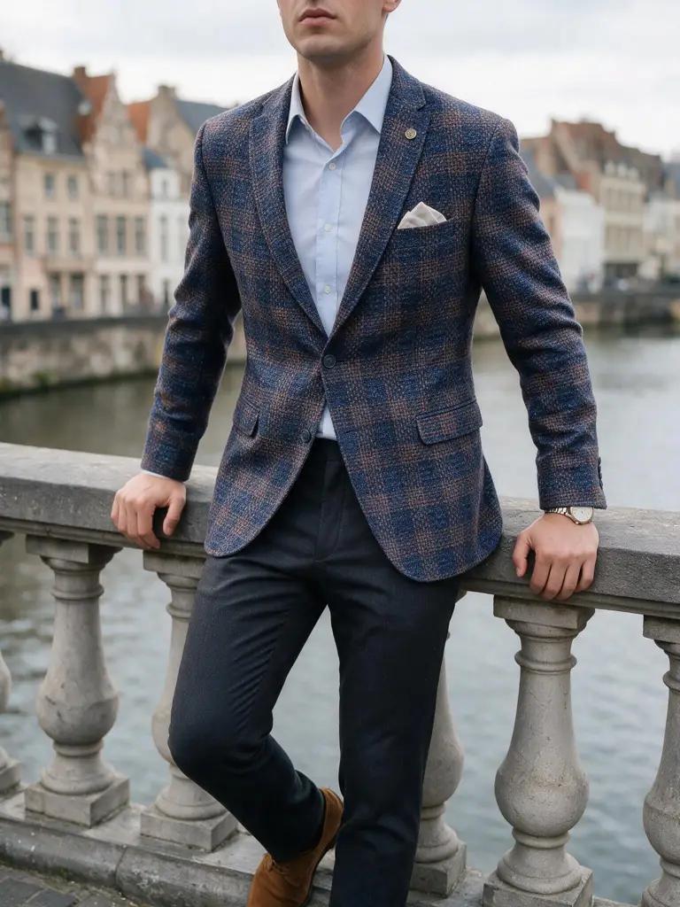 Blauw Bouclé Geruit Colbert Heren — YOK42
